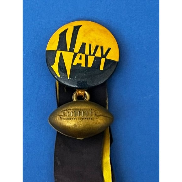 VINTAGE NAVY FOOTBALL TEAM RIBBON ON PIN BACK BUTTON 1950’s Yellow Blue - Picture 2 of 7